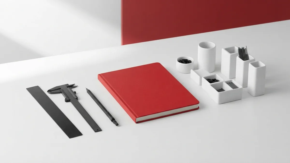 Organized product catalog tools with a crimson red notebook on white