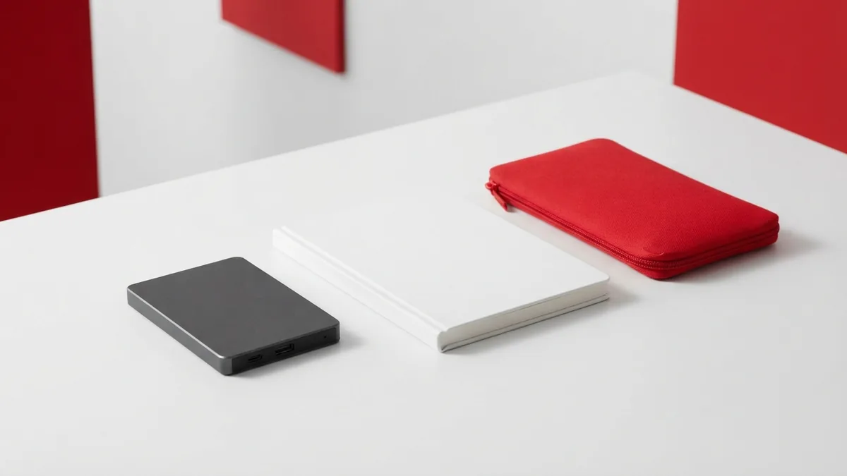 Graphite backup drive and crimson red pouch in a clean maintenance workspace