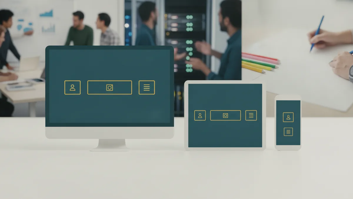 Responsive website navigation design shown across desktop and mobile device shapes
