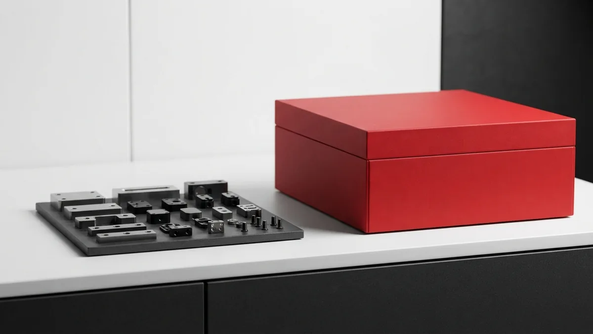 WordPress theme and plugin clues Crimson storage box with graphite hardware parts representing website themes and plugins