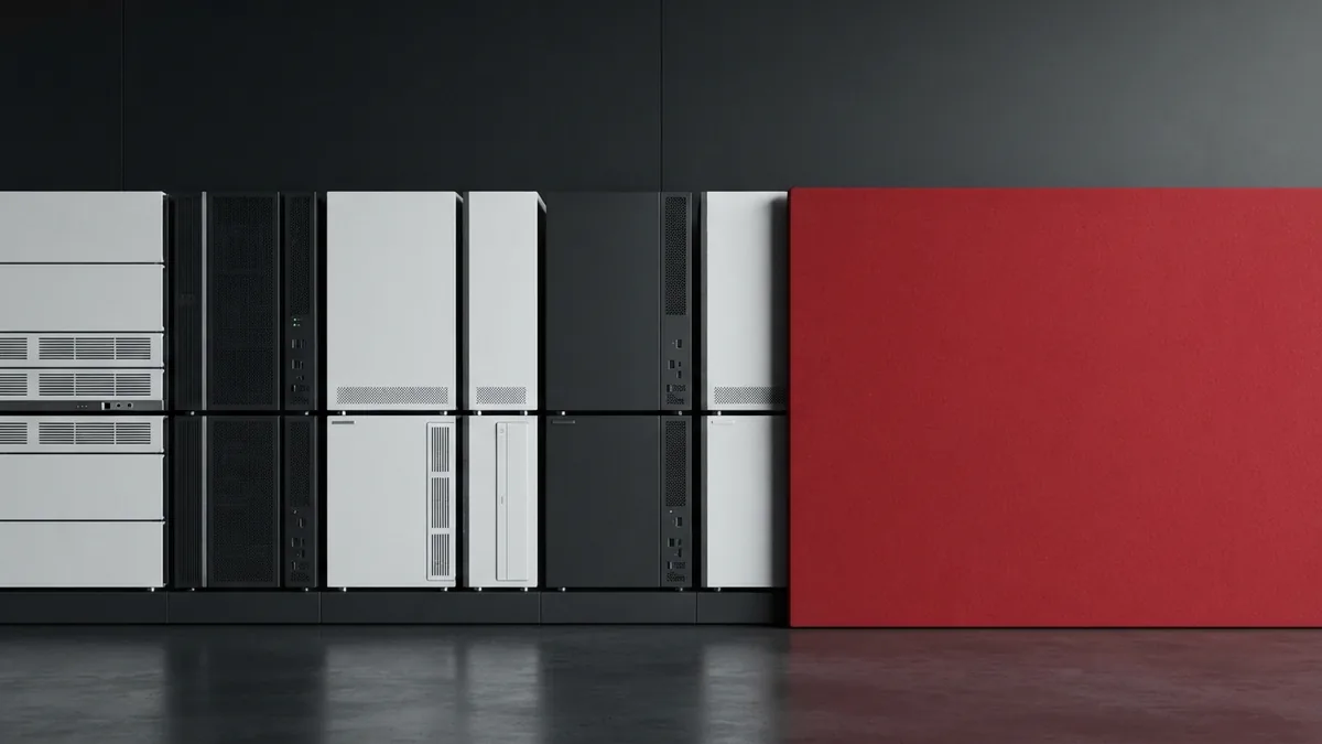 White and graphite server modules arranged beside a crimson red fabric panel