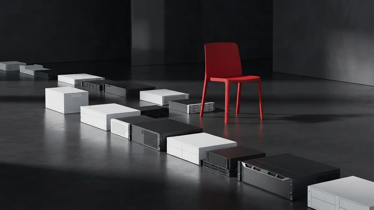 Graphite server components leading toward a bold crimson red chair