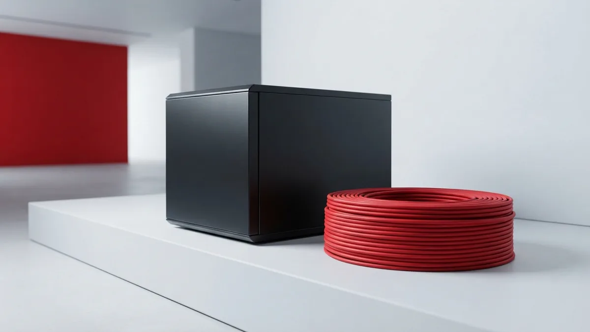 Graphite hosting equipment with a solid crimson cable on a clean white surface