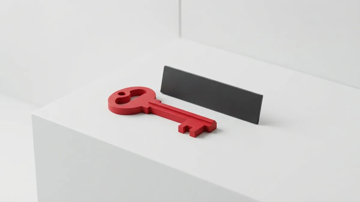 Crimson key and graphite domain concept arranged on a clean white platform