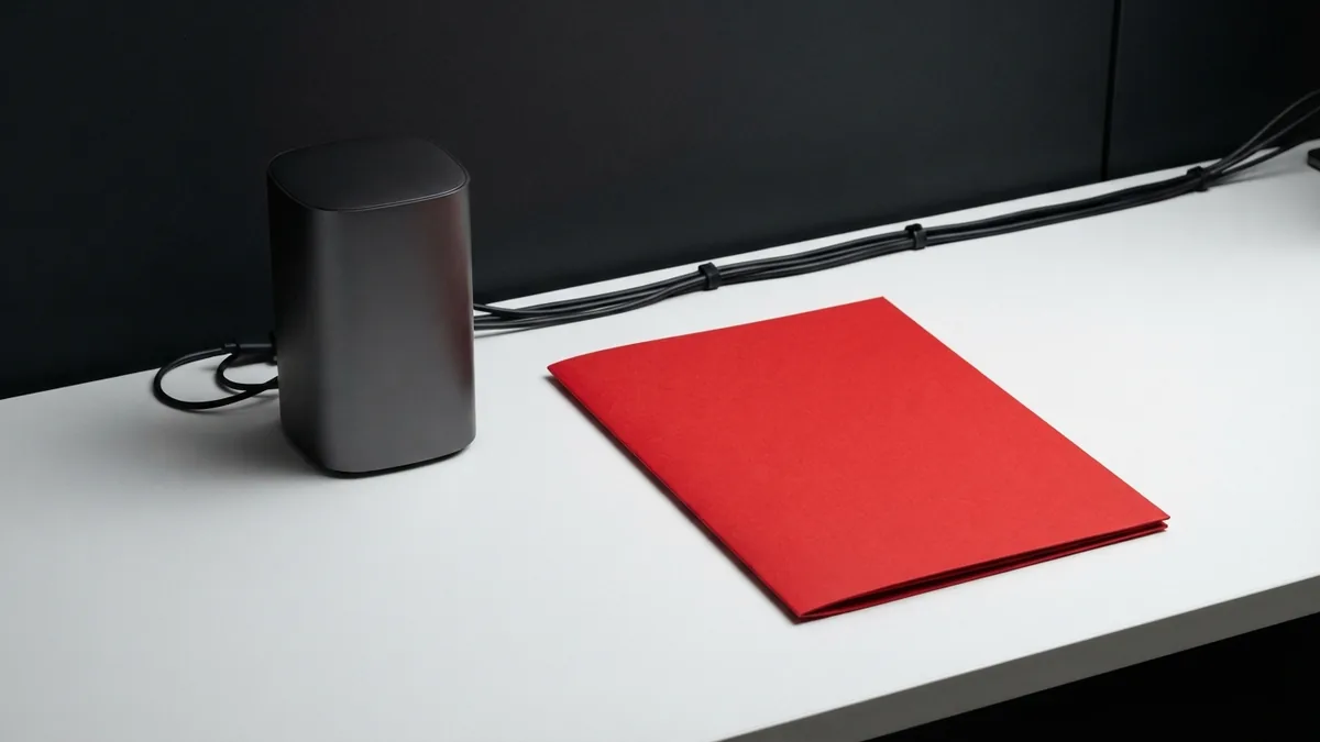 WordPress installation workspace Graphite server tower and crimson folder showing a clean WordPress setup concept