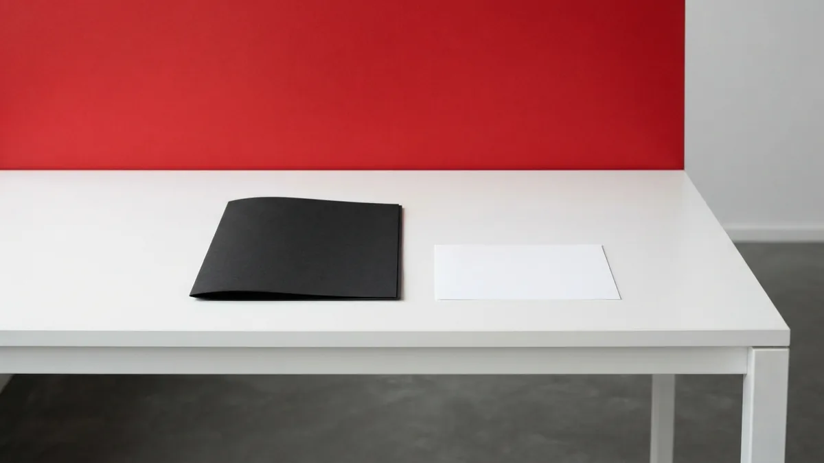 Minimal white desk with a graphite folder and matte red panel behind it