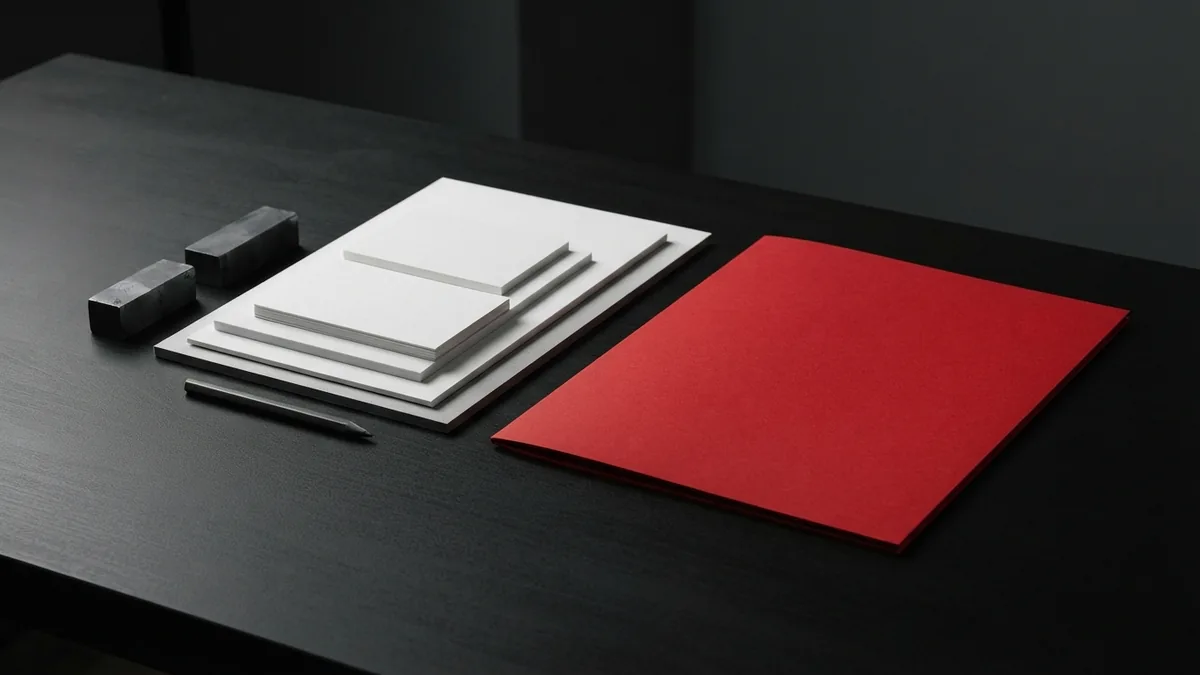 Minimal desk setup showing a focused WordPress page building process in white, graphite, and crimson