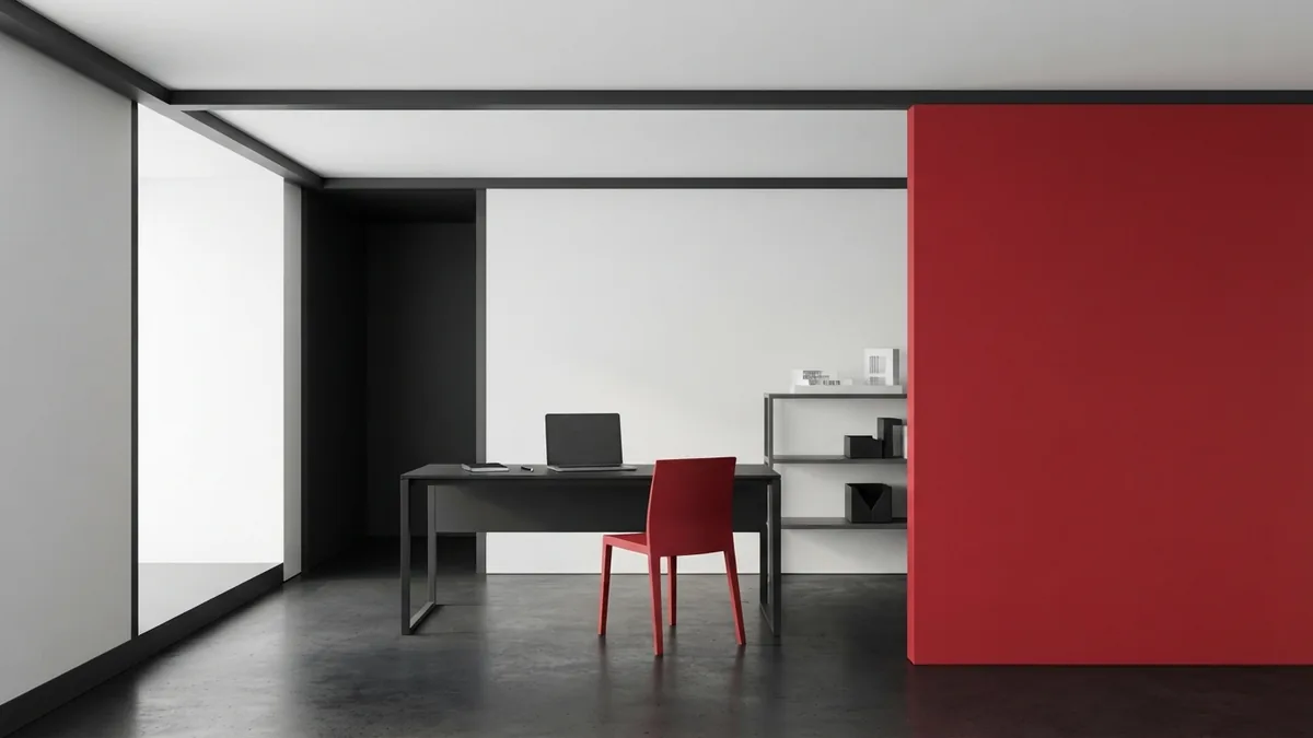 Minimal architectural layout showing focused page design with white planes and crimson red structure