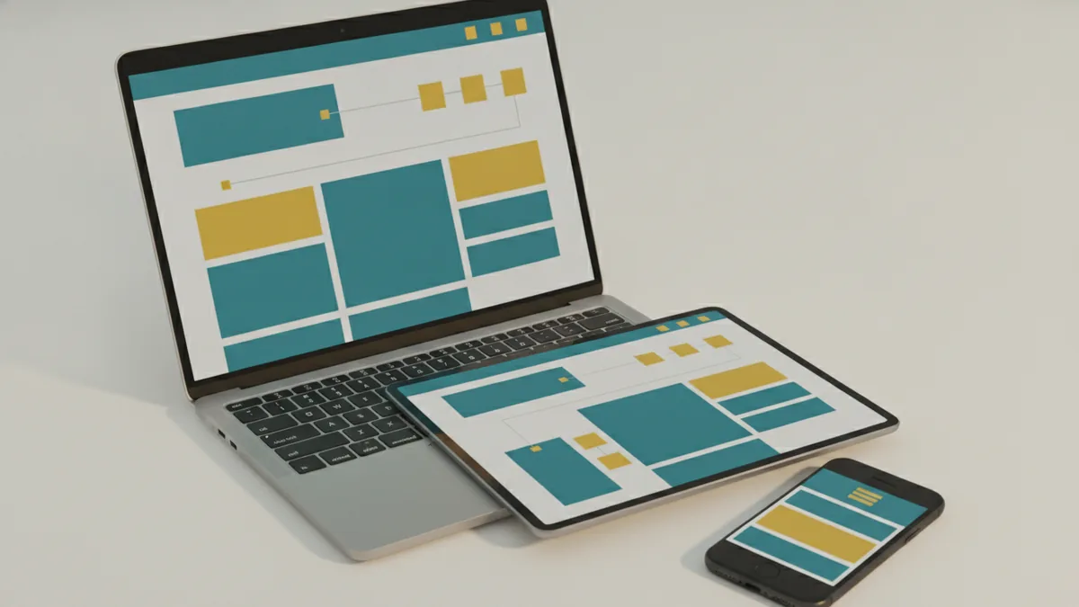 Responsive navigation layout shown across desktop and mobile devices on a neat workspace