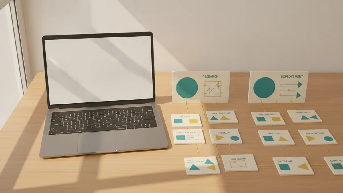 WordPress menu structure planned with nested page groups on a desk beside a laptop