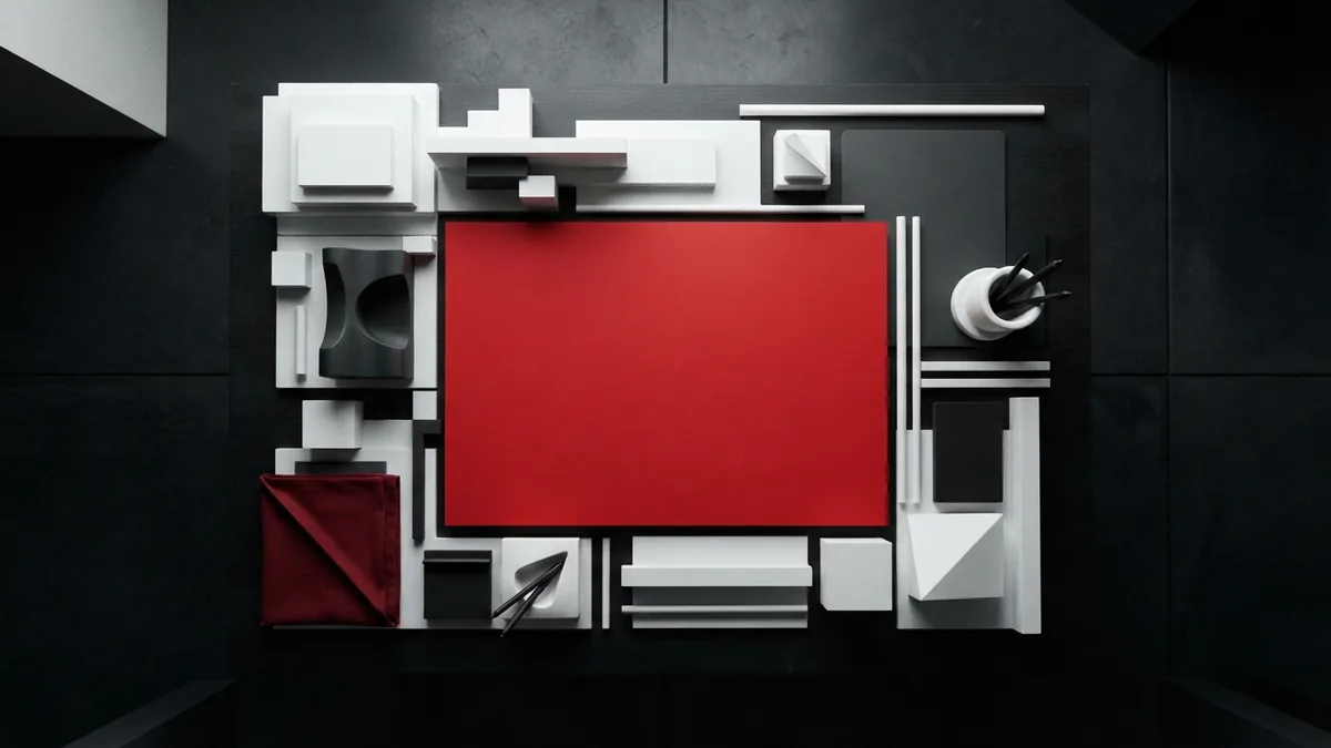 Abstract structured workspace with graphite blocks and a crimson red panel for WordPress planning