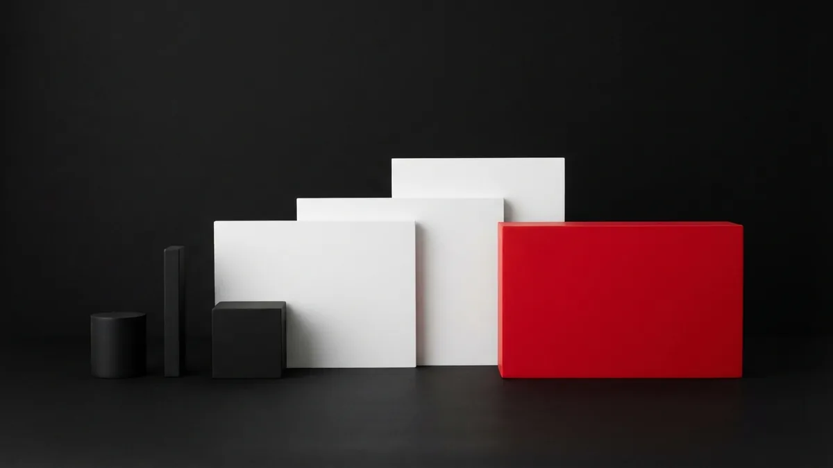 Theme layouts for varied screen sizes White panels in varied sizes beside a vivid red block, suggesting responsive WordPress theme layouts