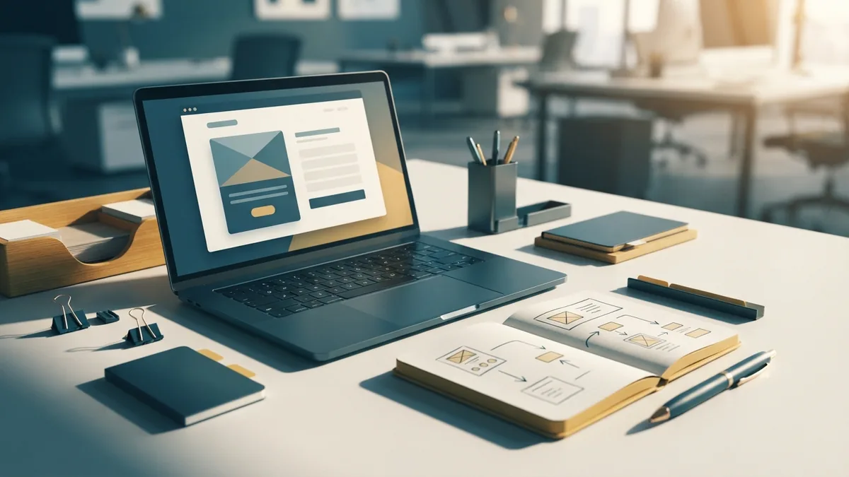Building an email signup popup Email signup workflow represented by a laptop, notebook, and linked desk objects