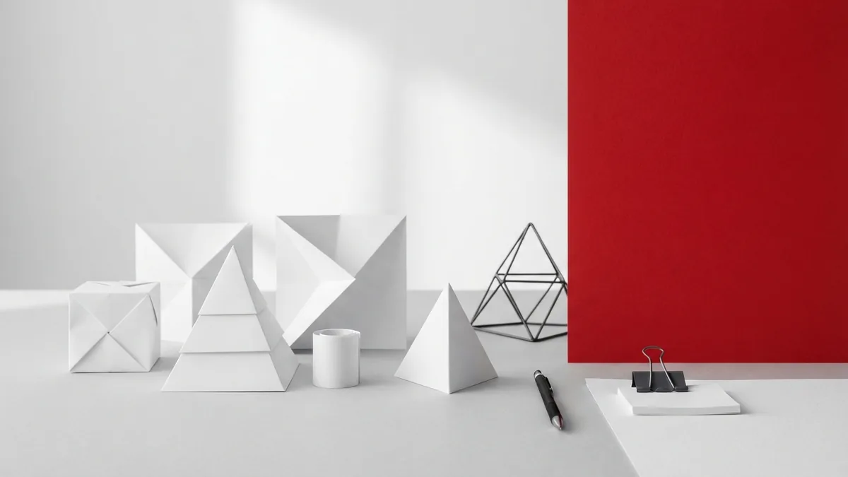 White geometric forms beside a vivid red panel, reflecting simple theme and layout choices for a website
