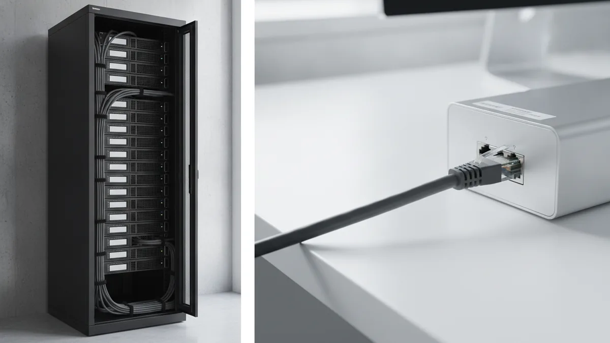 Cabling and server rack representing moving WordPress files to hosting