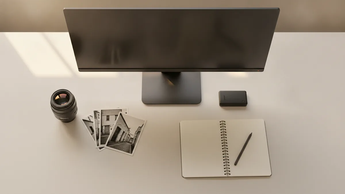 Downloading and organizing media Organized desk with storage drive and photos for managing WordPress media