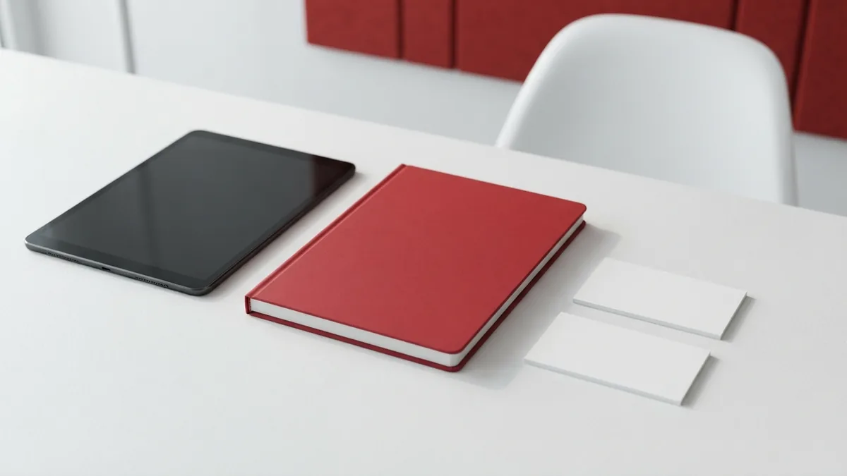 A red notebook and blank cards represent a careful workflow for making a WordPress post copy