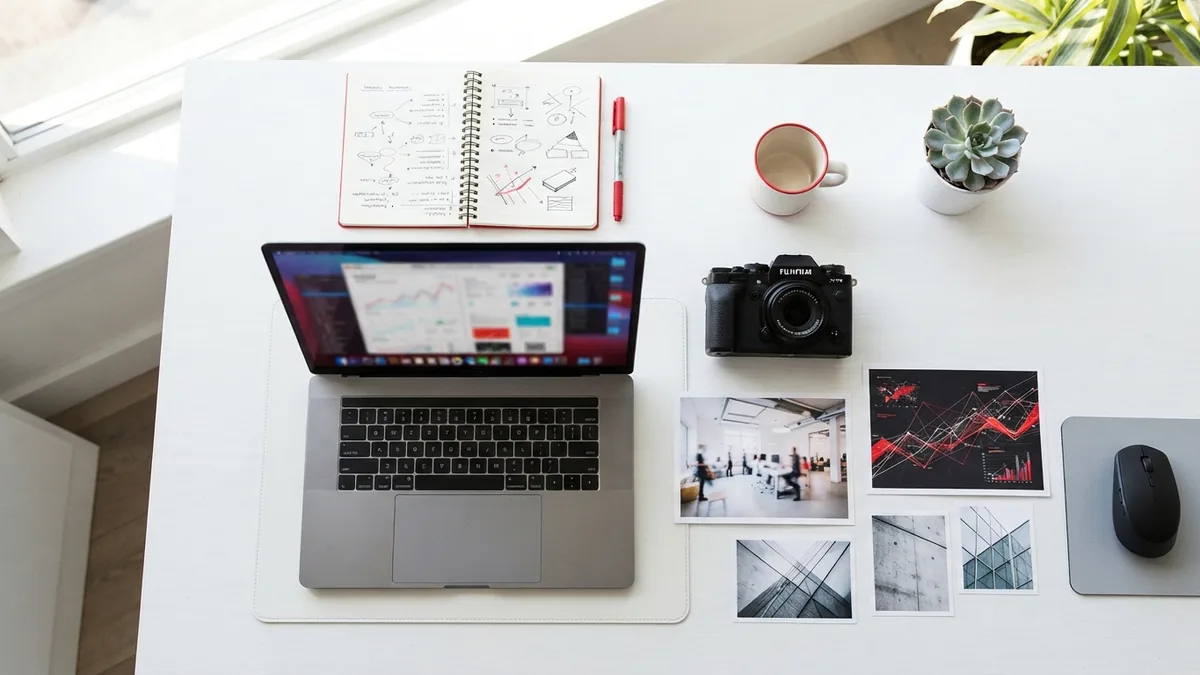Organized desk with laptop, image files, and notes for updating a blog post