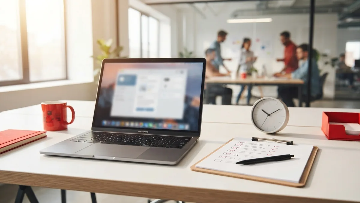 Laptop and checklist arranged for reviewing and publishing updated website content
