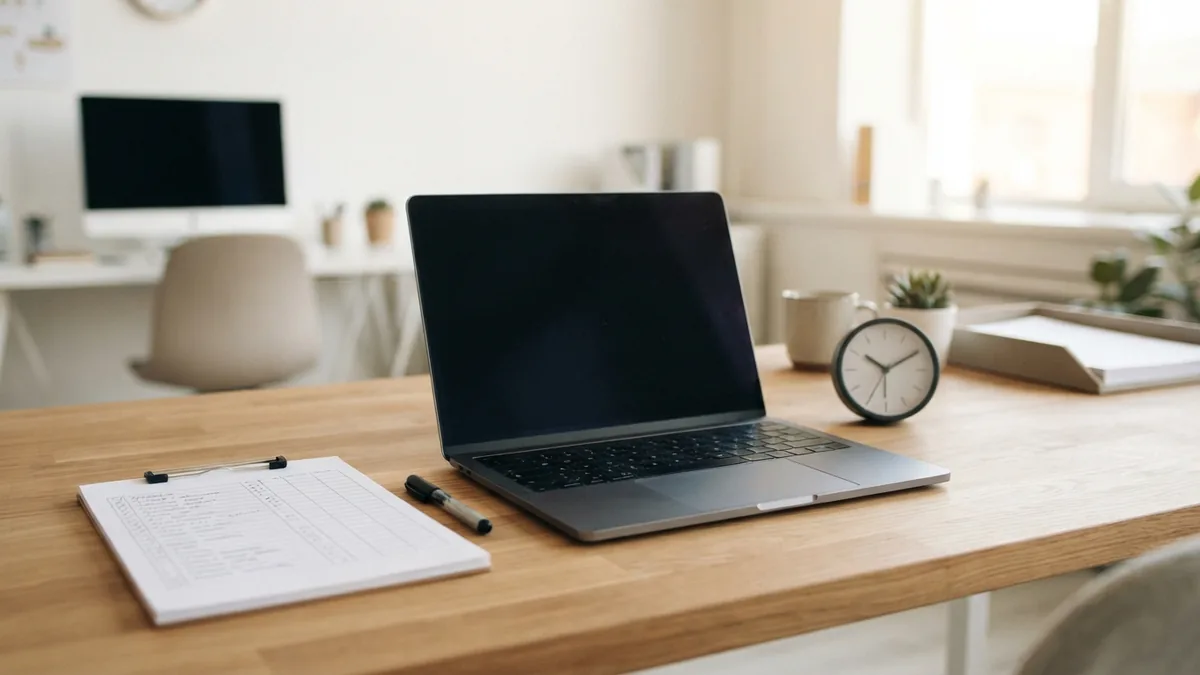 Final WordPress post review checklist Laptop and checklist arranged for reviewing and publishing updated website content