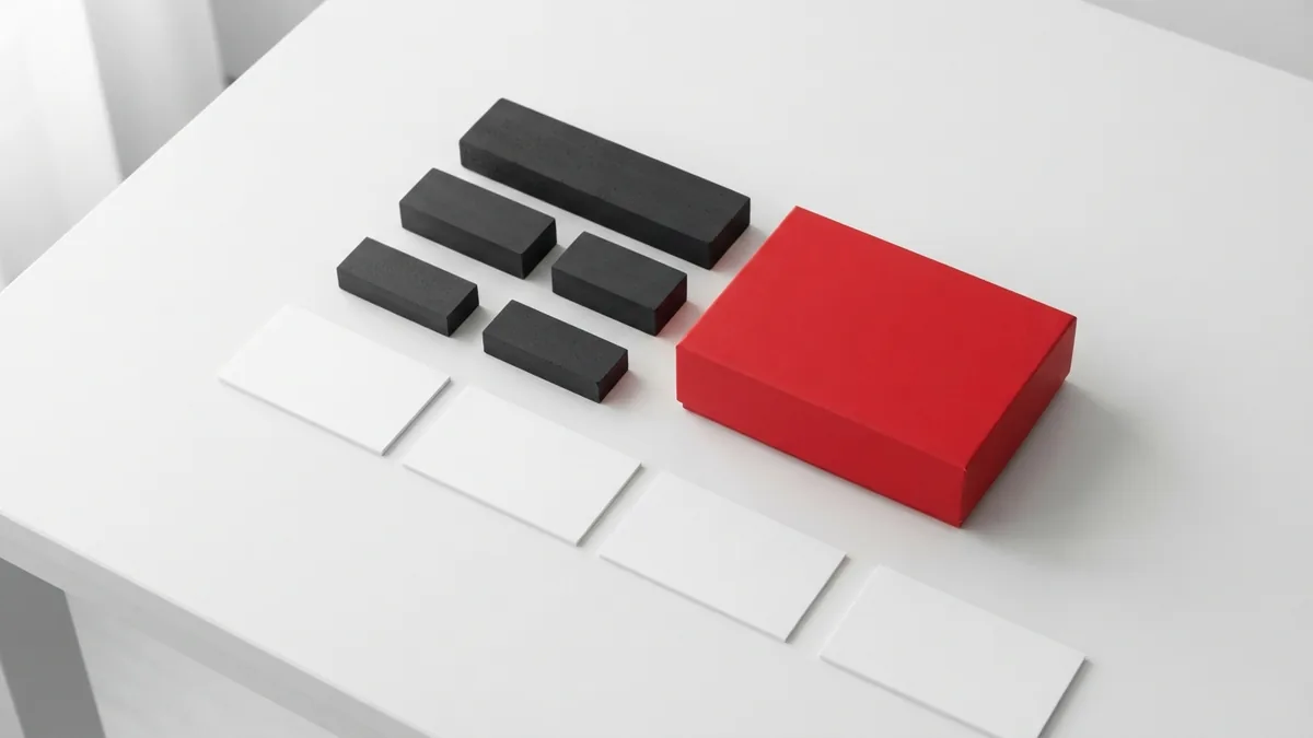 Minimal workspace with graphite blocks and a crimson red box for choosing HTML editing methods