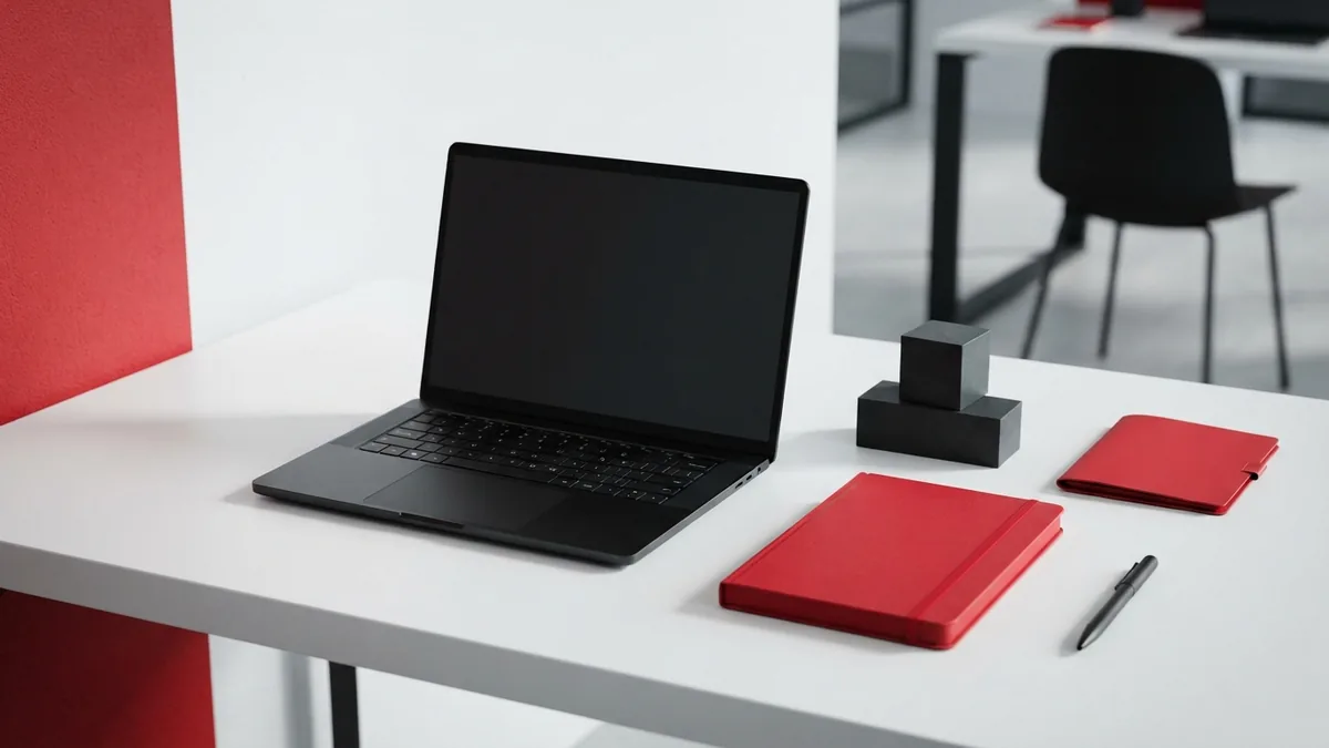 Graphite device and crimson notebook arranged for WordPress block editing