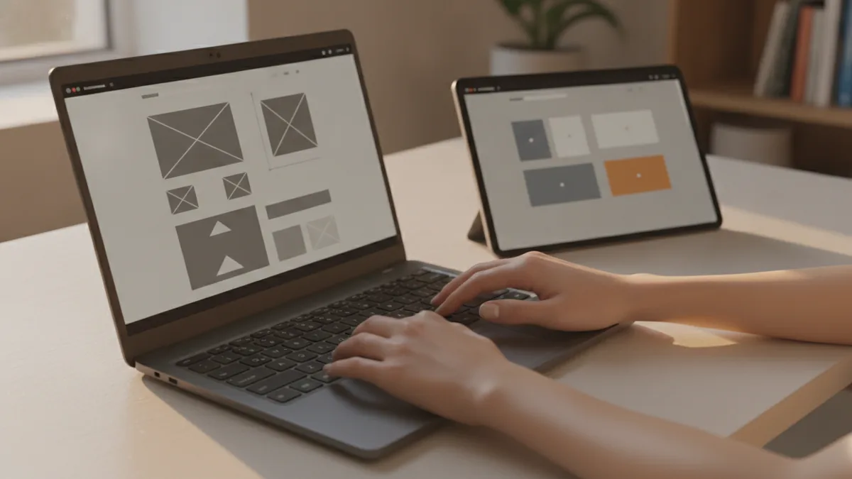 Hands using a laptop to plan edits for WordPress content and layout