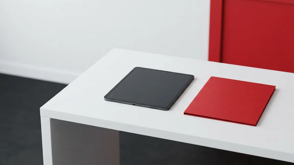 Tablet and crimson folder on a white desk for embedding an Instagram post
