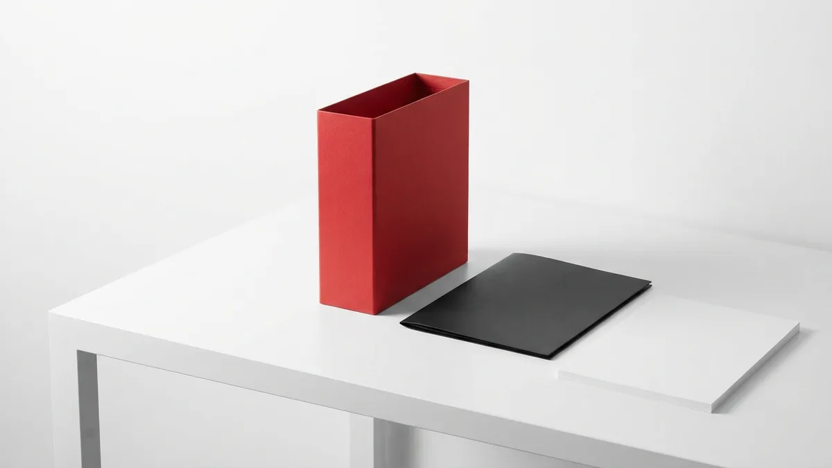 Prepare order data for export Red file box beside a dark folder and blank sheets for safe order data storage