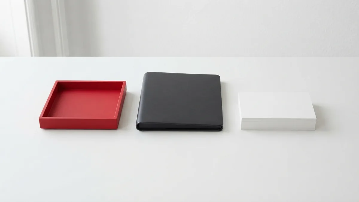Order export workflow Red tray, dark binder, and blank cards arranged in sequence for an export workflow