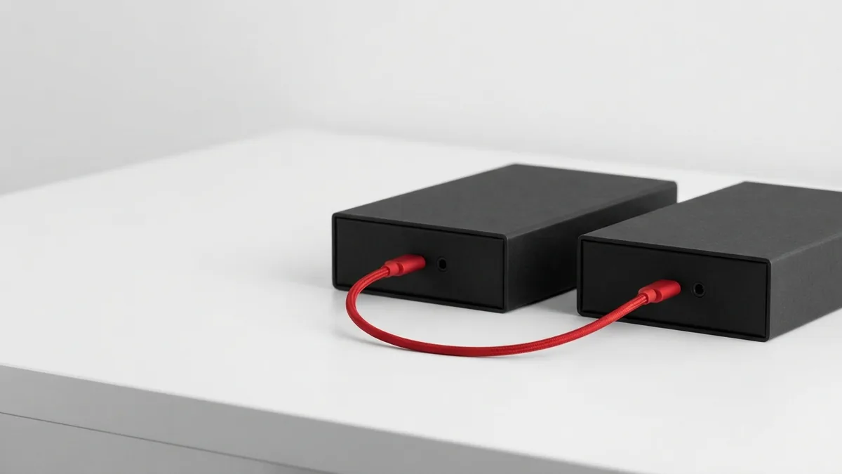 Red cable linking dark storage boxes to suggest an order data connection