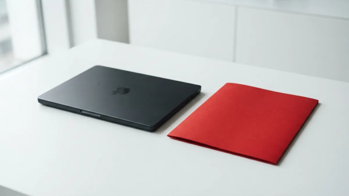 Planning a password reset Blank crimson folder and closed graphite laptop arranged for password recovery planning