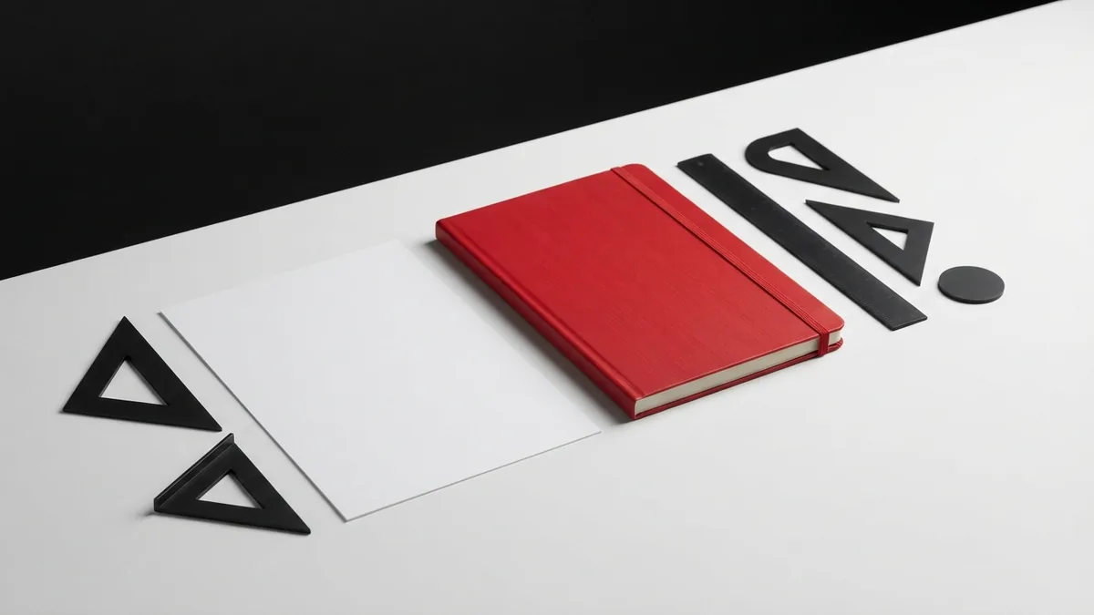 Crimson notebook beside a blank white sheet and graphite shapes in a minimal workspace