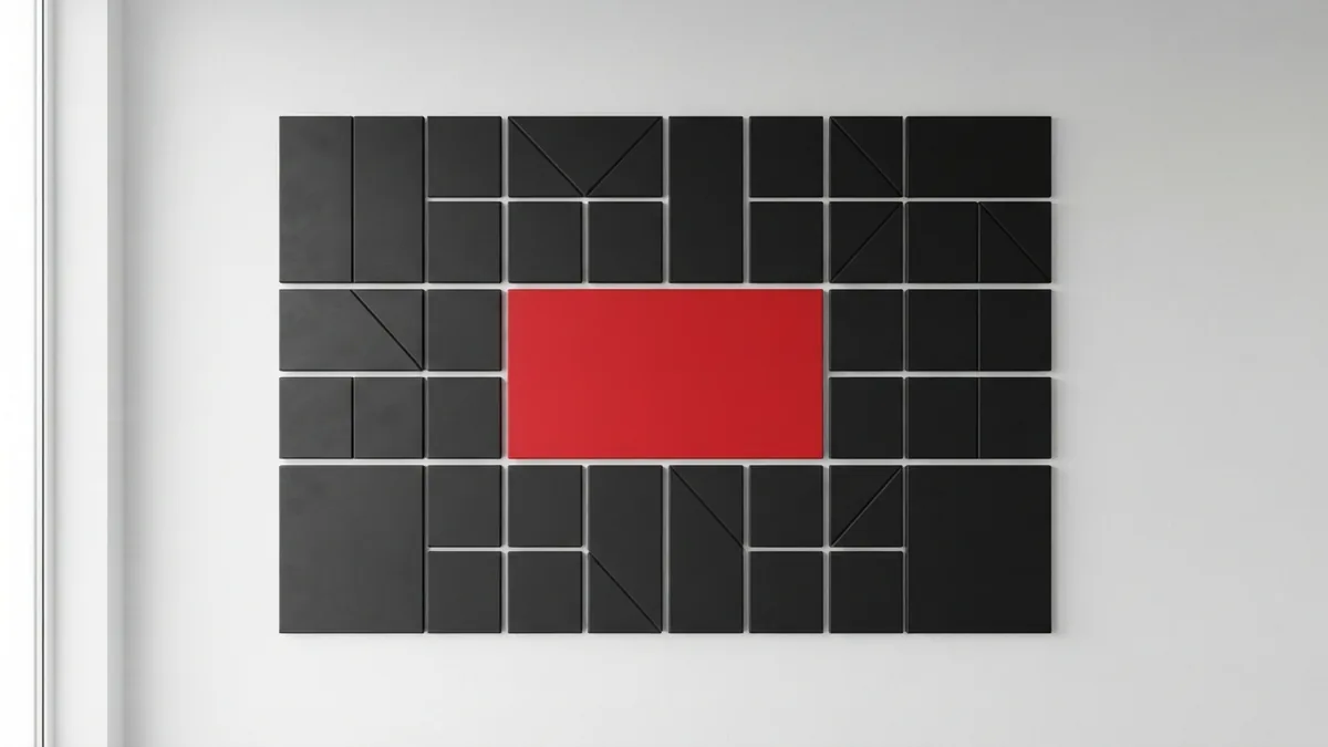 Geometric white wall with crimson panel representing block template editing