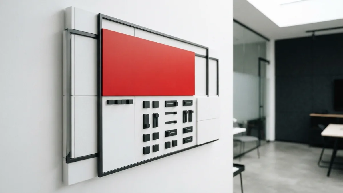 Modular white and graphite layout with a crimson panel for page builder settings