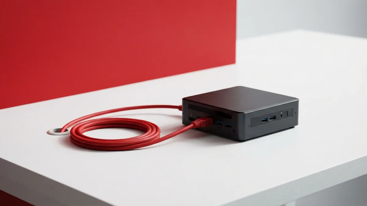 Crimson cable linked to a graphite server box on a clean white workbench