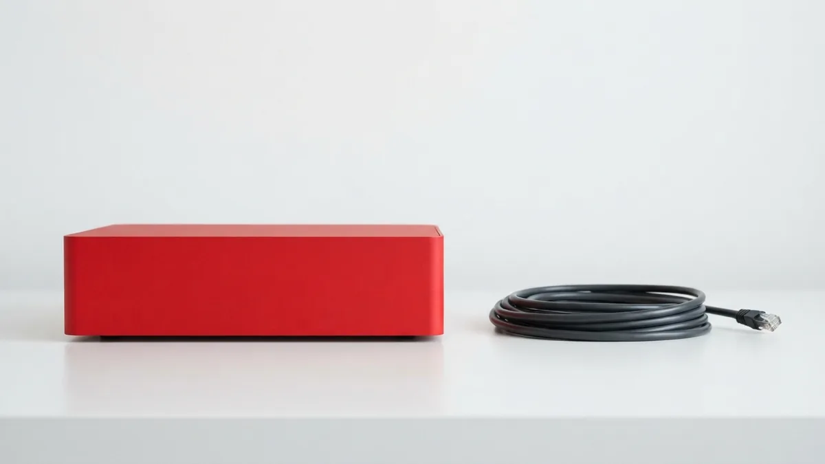 Matte crimson server box and graphite cable representing quick Divi Hosting setup