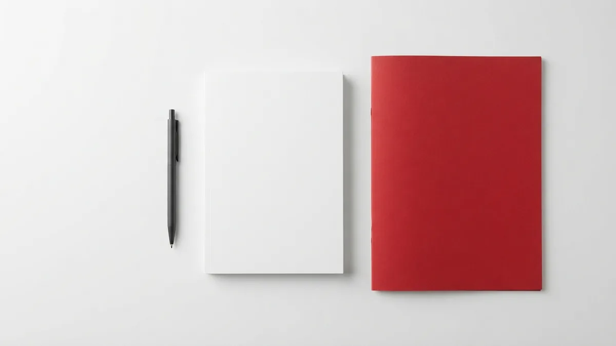 White desk with a crimson folder and graphite tools for planning a WooCommerce install