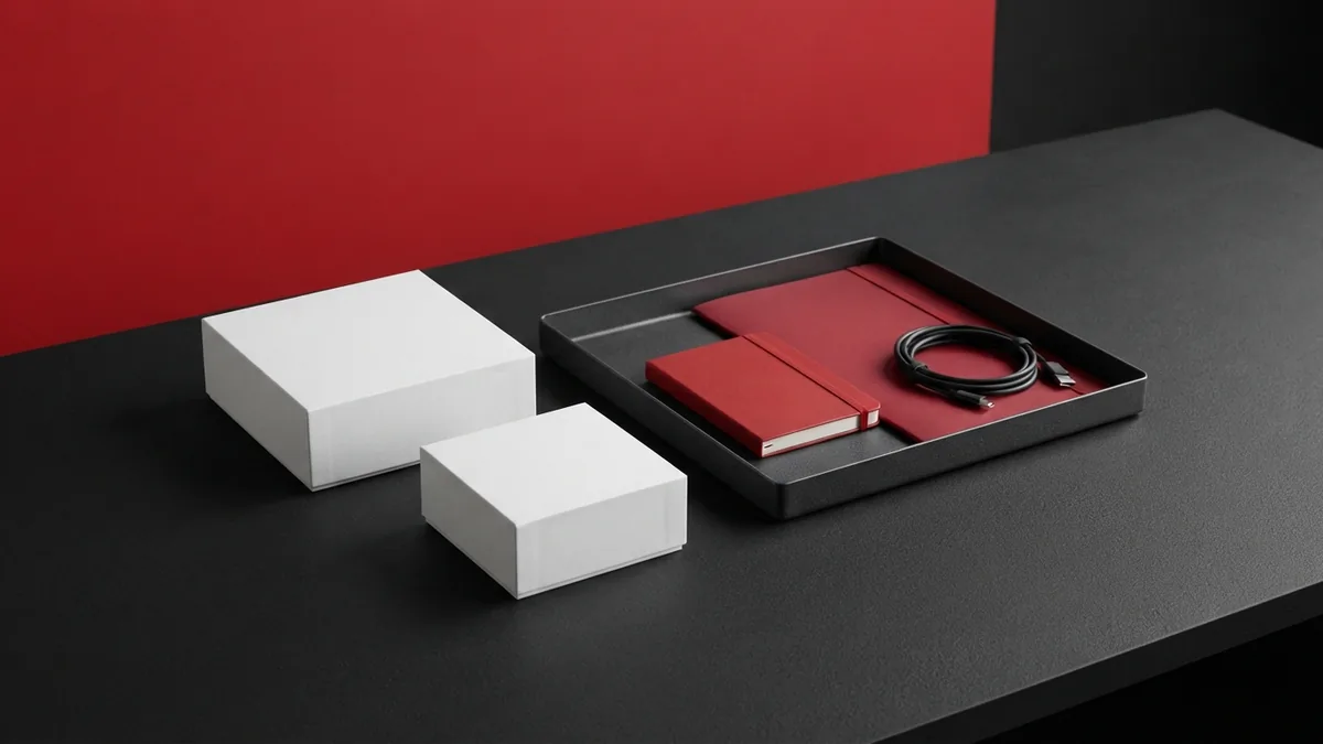 White product boxes beside a crimson panel for planning an online store setup