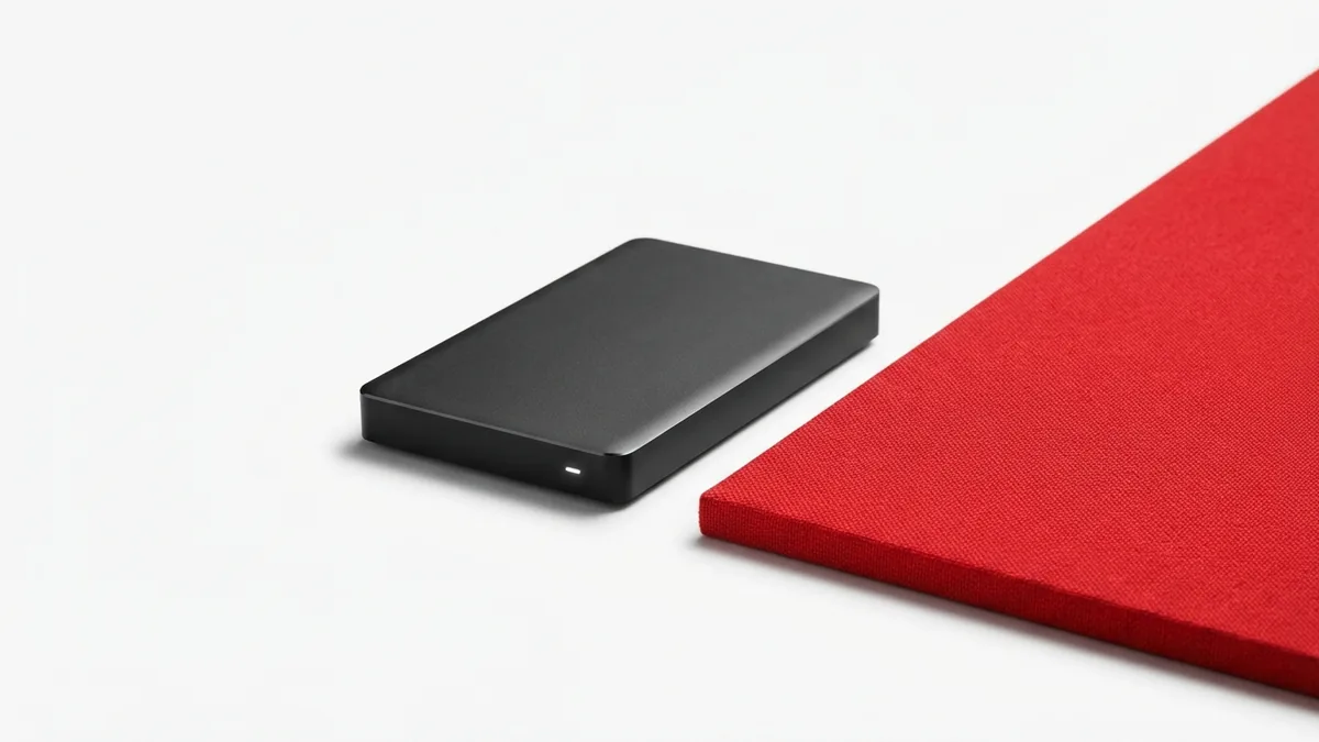 Graphite storage device beside a vivid red panel in a minimal computer setup