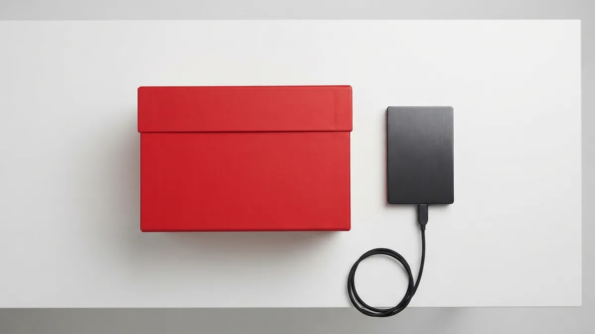 Organize WordPress files and local data Vivid red storage box and graphite drive arranged for organizing local site files