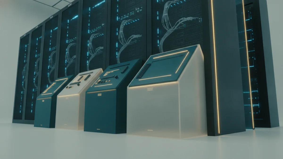 Secure hosting control setup with database panels and domain settings in a server room