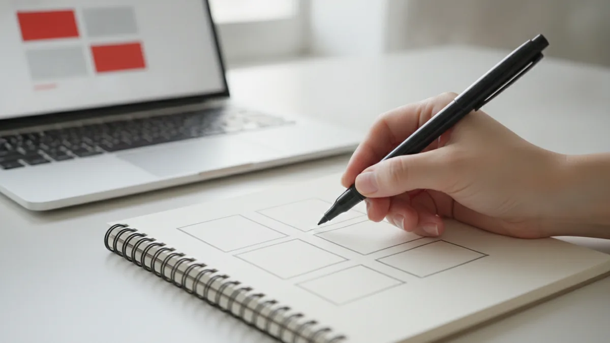 Practice with real builds. Fast. Practicing layout and responsive design with notebook sketches and laptop