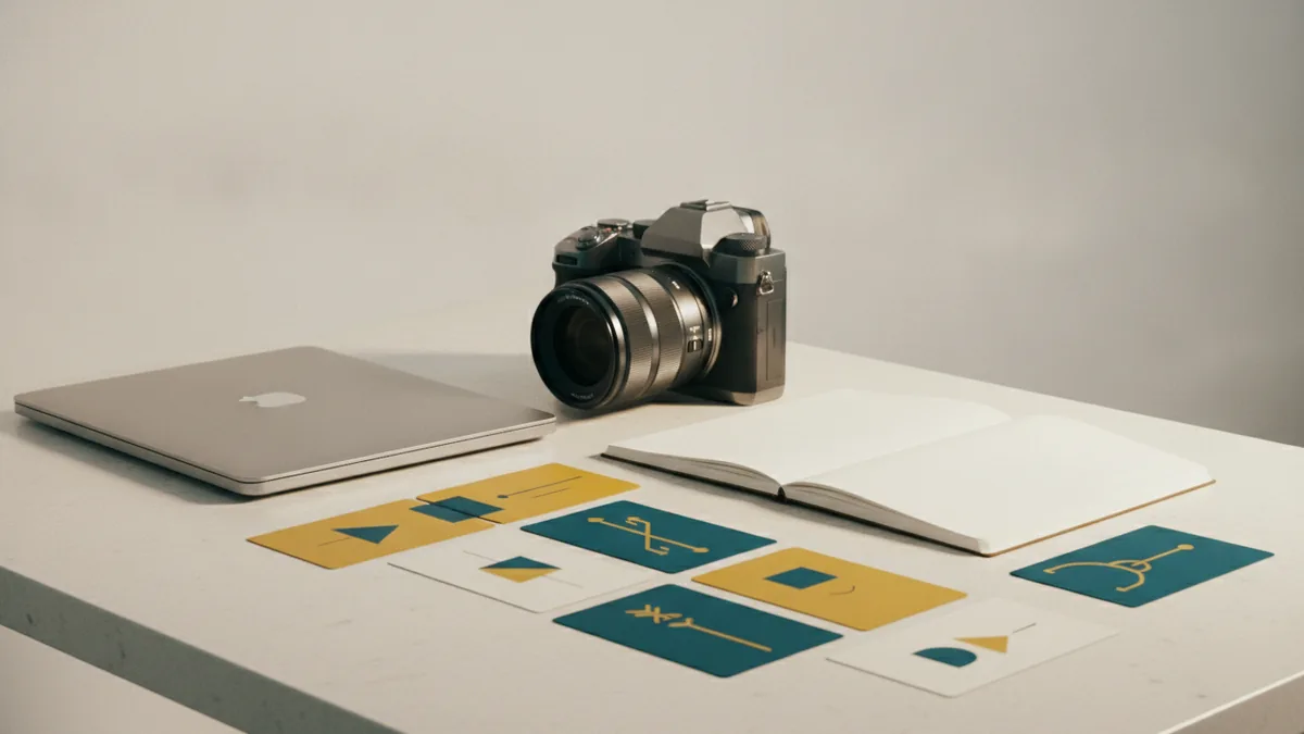 Planning social post previews Laptop beside a camera and notebook for planning social post previews