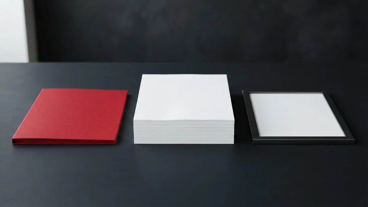 White design sheets and a vivid red folder with graphite accents, representing a carefully chosen WordPress theme