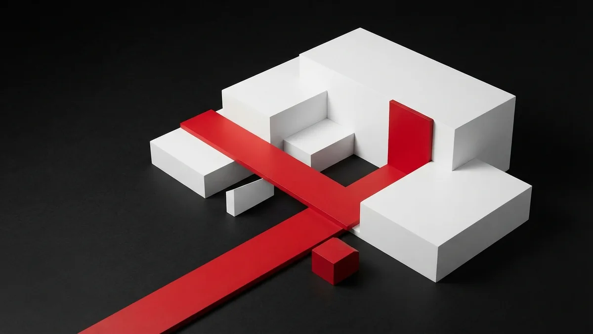 Clear paths through website navigation White geometric blocks linked by a vivid red path, showing a clear and organized website navigation flow