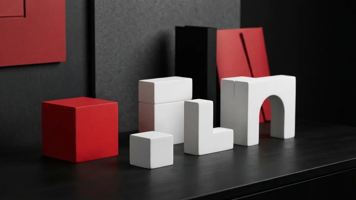 Adding only useful website features Modular white and graphite shapes with a vivid red cube, representing useful site features