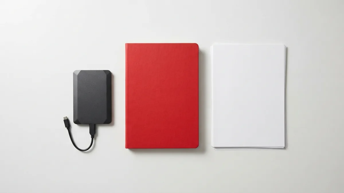 Graphite storage drive and crimson notebook arranged for website content backup