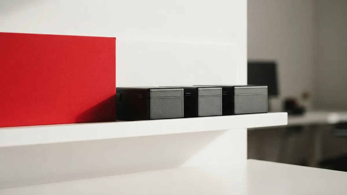 Organized media transfer setup Graphite storage cases beside a crimson panel for organized media transfer