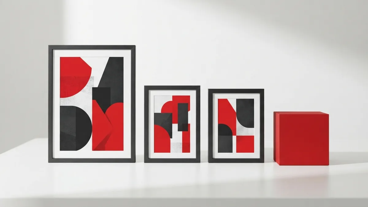 Compare image sizes before upload Framed visual samples in varied sizes beside a crimson red block on a white desk